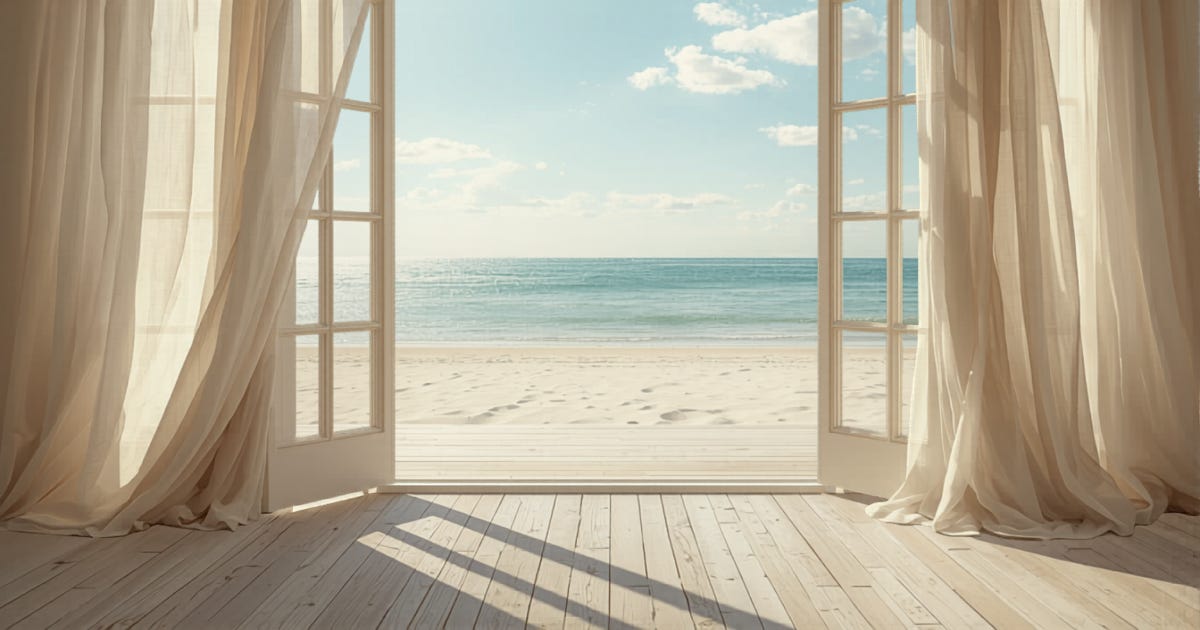 Sheer curtains by french door looking out at sand and beach
