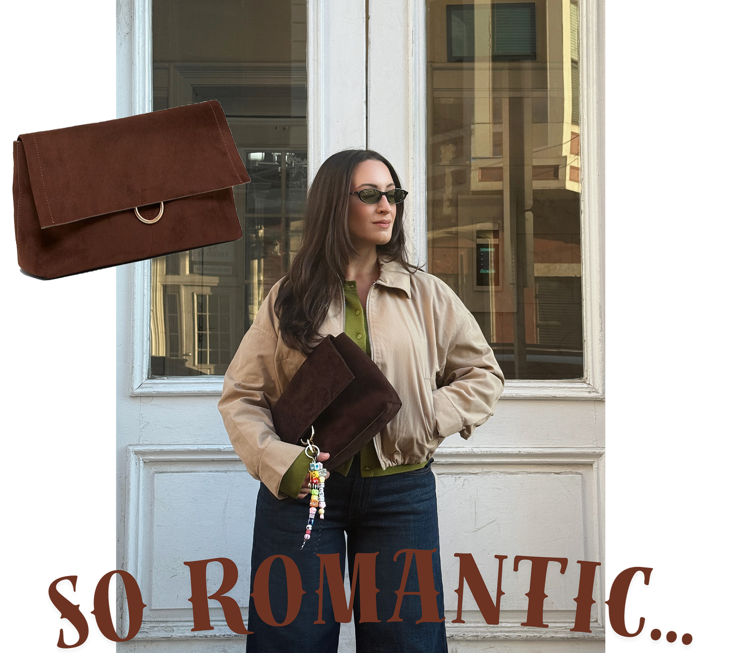 Bella holding brown clutch