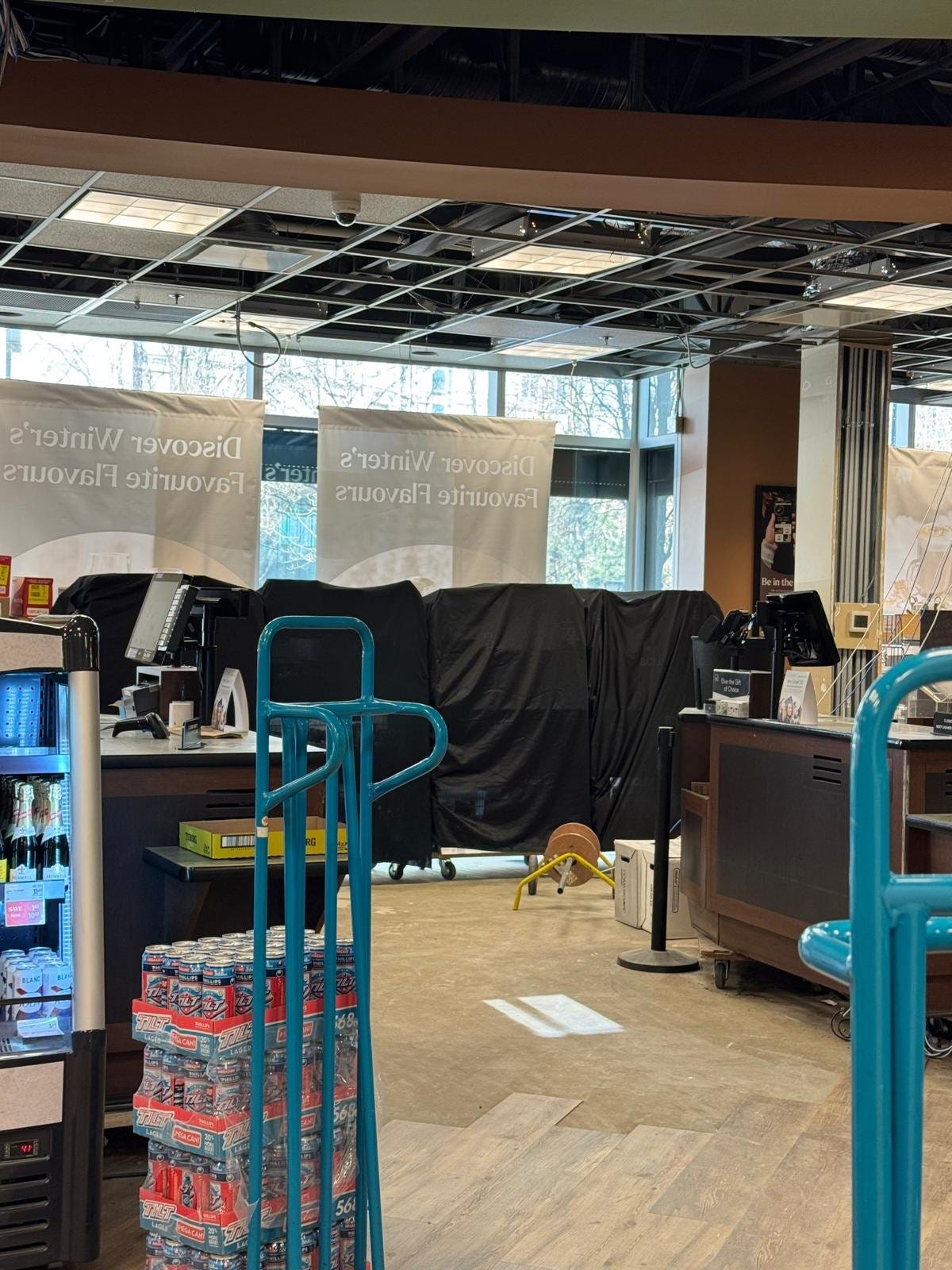 Already purchased American liquor placed under tarps at BC Liquor stores “until further notice.” Already purchased American liquor placed under tarps at BC Liquor stores “until further notice.”