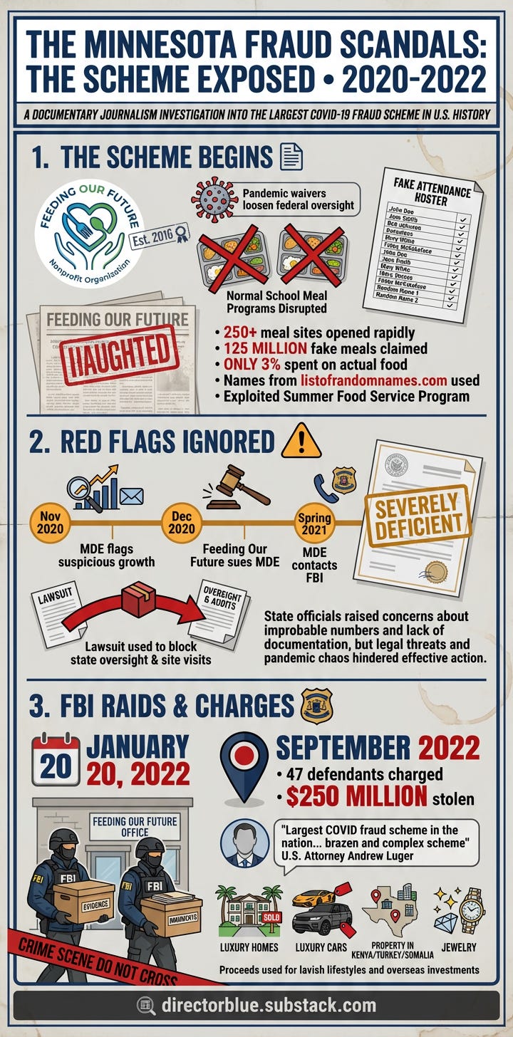 Dense vertical 1x2 infographic panel documentary journalism style Header banner THE MINNESOTA FRAUD SCANDALS THE SCHEME EXPOSED 2020-2022 in bold navy on white SECTION 1 - Top third THE SCHEME BEGINS subhead Feeding Our Future nonprofit log_image_1 Dense vertical 1x2 infographic panel documentary journalism style Header banner THE MINNESOTA FRAUD SCANDALS THE SCHEME EXPOSED 2020-2022 in bold navy on white SECTION 1 - Top third THE SCHEME BEGINS subhead Feeding Our Future nonprofit log_image_1