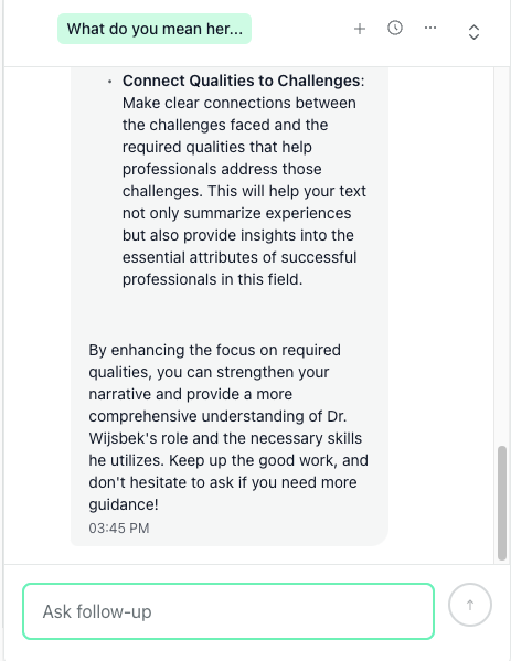screenshot of thesify’s theo chat suggesting “connect qualities to challenges,” with guidance to strengthen the narrative