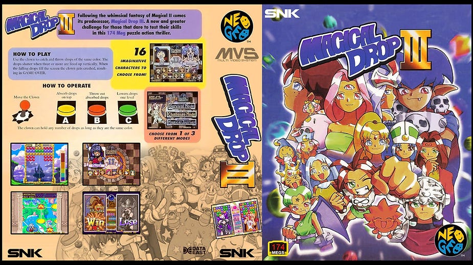Colorful "Magical Drop III" game cover with 16 characters. Includes gameplay instructions and modes on left, vibrant fantasy art on right.