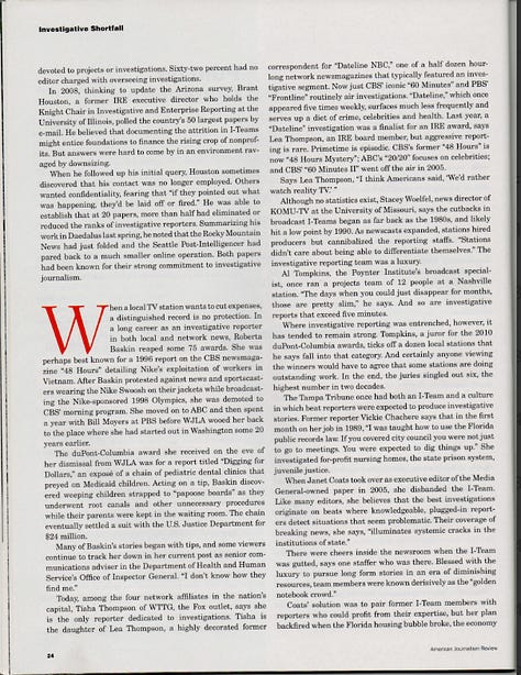 American Journalism Review published an in-depth story in 2010 titled “Investigative Shortfall” showing the alarming decline in investigative reporting and how investigative nonprofits could emerge to fill that void. Click on each image to read the page. (Mc Nelly Torres | Don’t Forget My Voice)