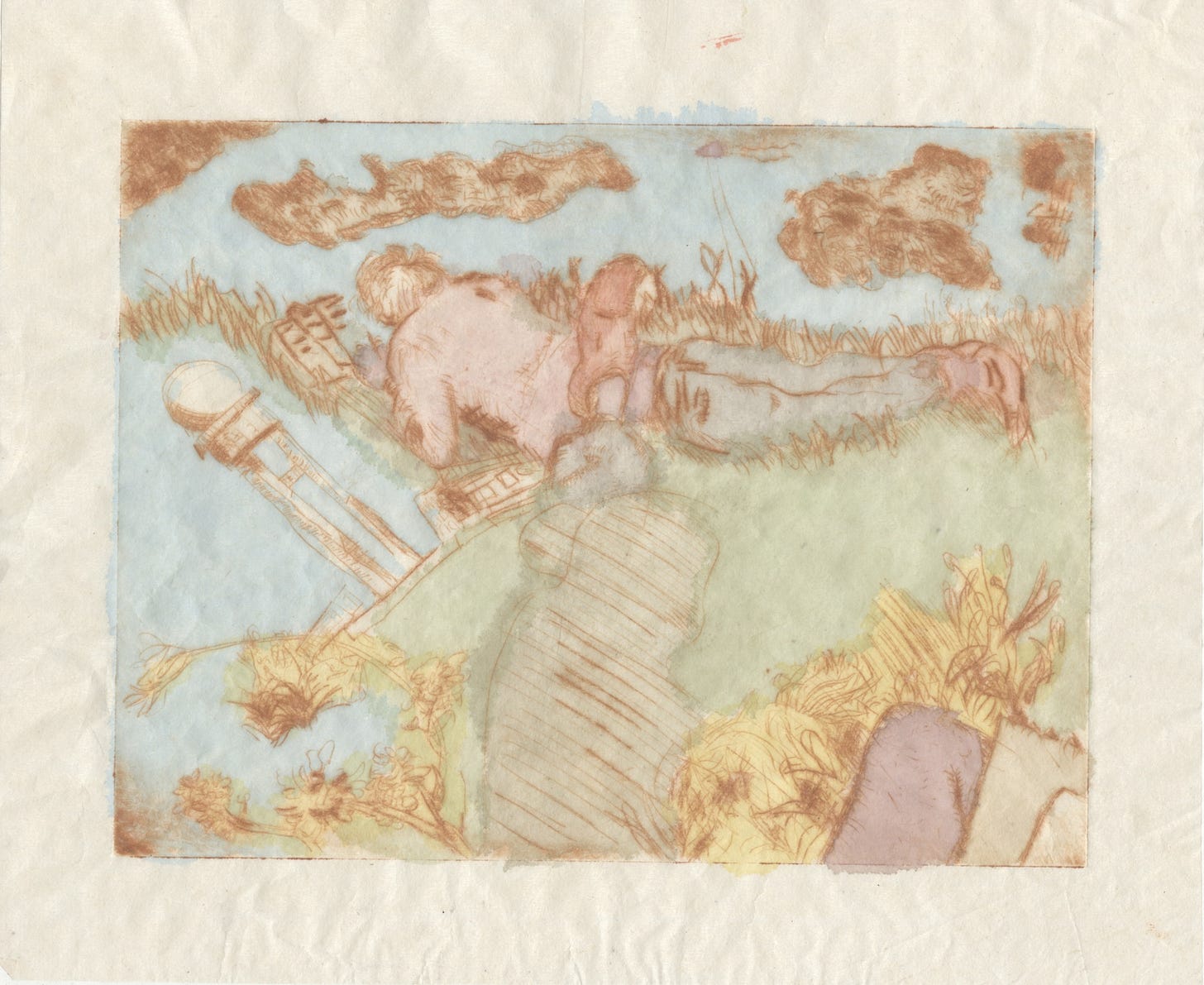 A figure lies propped up on his elbows, reading, in a grassy field under a pale blue sky.