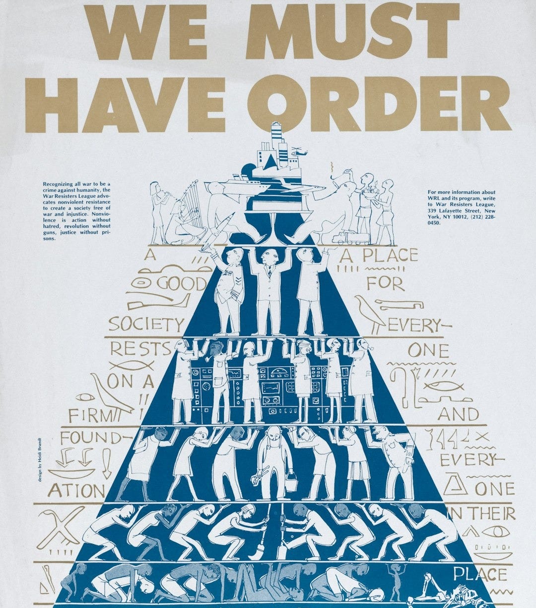a poster with a pyramid of people standing in front of it