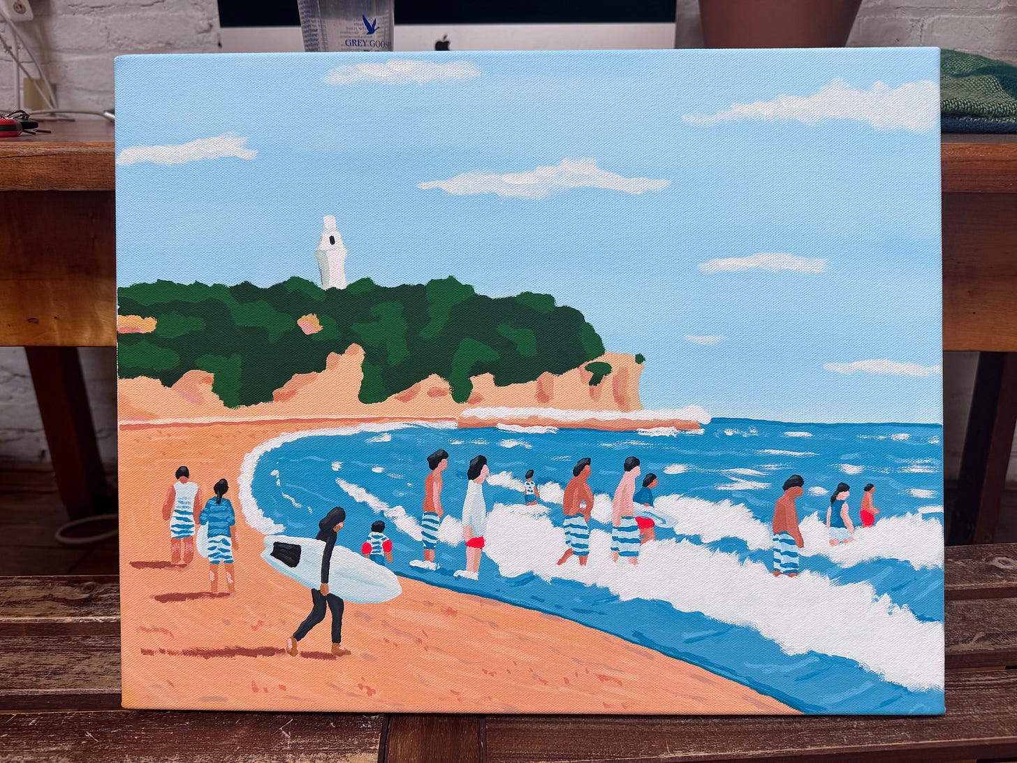 alimo acrylic gouache painting on canvas, beach scene japan