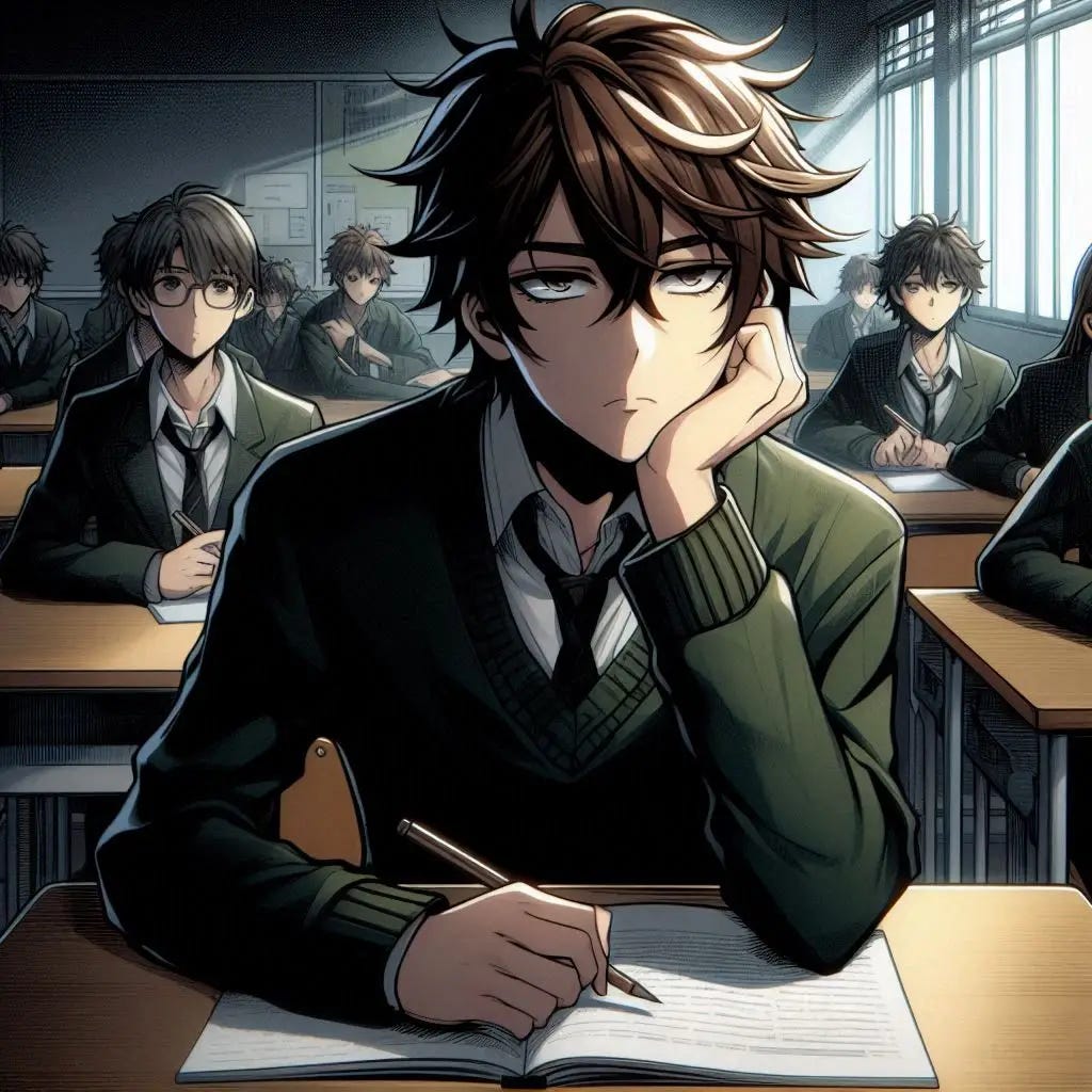 a young man with brown hair sitting in a full class room while staring at his desk bored. dark anime art style a young man with brown hair sitting in a full class room while staring at his desk bored. dark anime art style