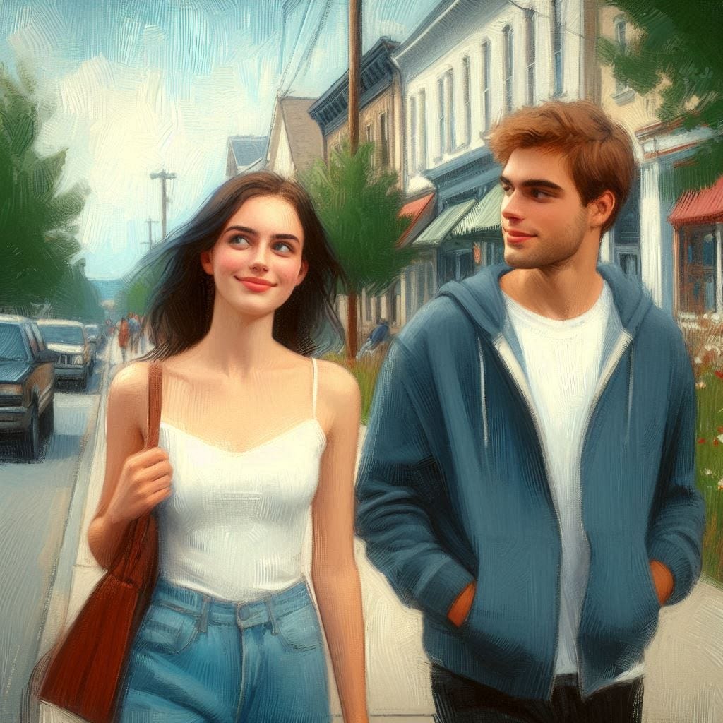 A young woman walks down the sidewalk in the middle of a small town next to a young man. Both are attractive. She's looking away shyly, he's looking up at the sky. Slight impressionist style.