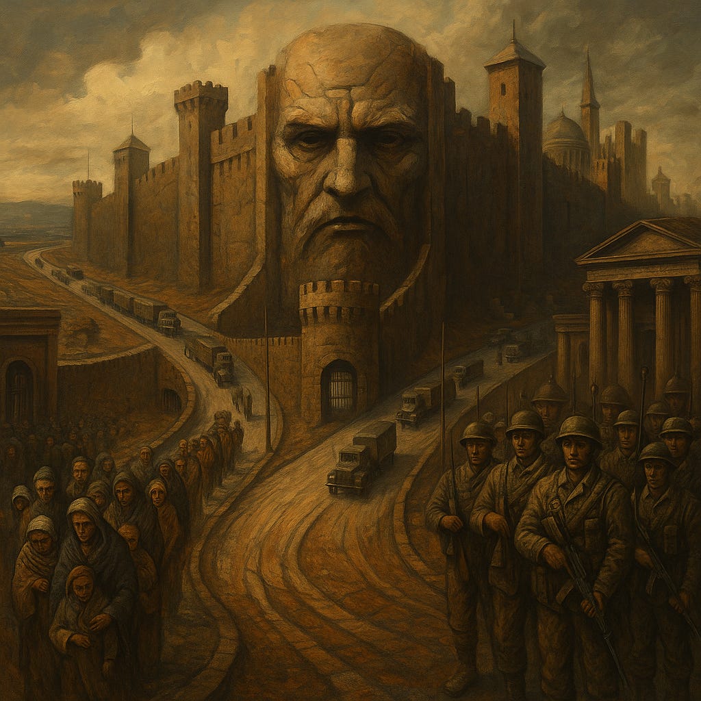 A dark, surreal oil painting depicting a massive fortress shaped like a stern human face, symbolising authoritarian control. Soldiers march rigidly in formation, trucks snake along winding roads, and long lines of weary civilians wait to enter. The architecture and figures evoke themes of power, surveillance, oppression, and militarisation.