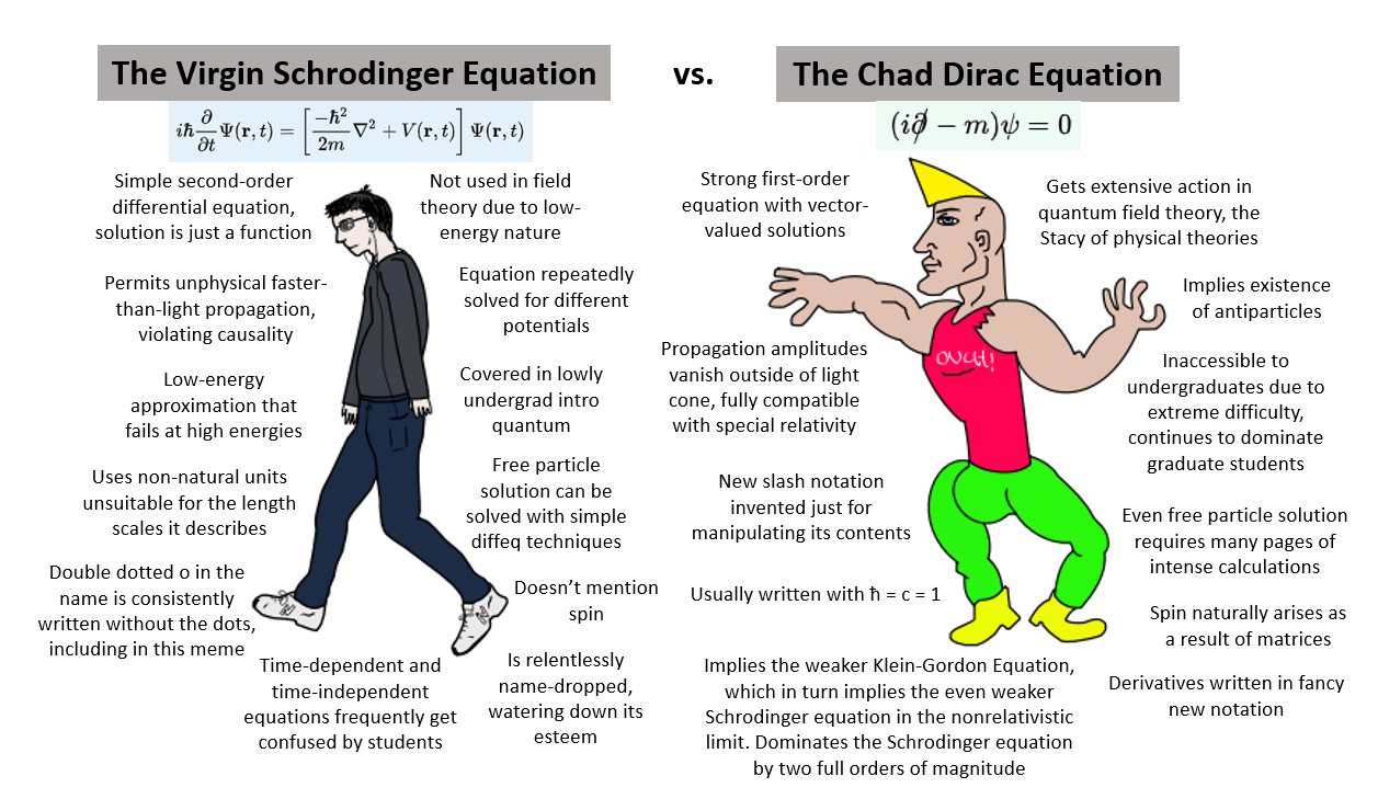 r/physicsmemes - The Virgin Schrodinger Equation vs. the Chad Dirac Equation
