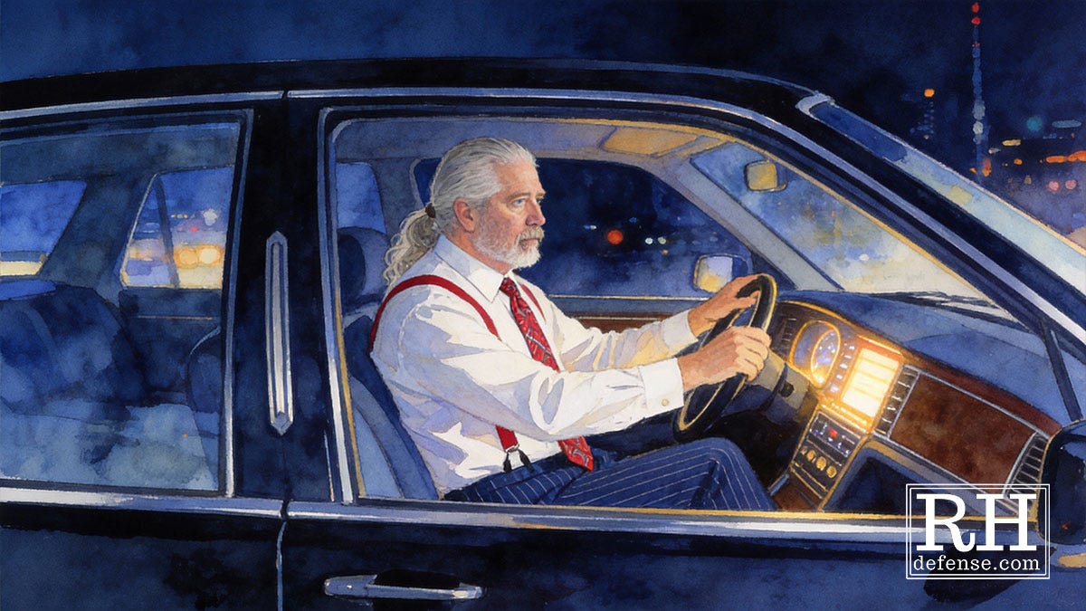Watercolor-style illustration of an older white-haired man with a ponytail driving a Lincoln-style sedan at night, wearing a white shirt, red suspenders, and a tie, city lights blurred outside the windows.