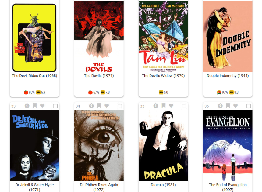 Screenshot. 8 films. The Devil Rides Out (1968). The Devils (1971). The Devil's Widow (1970). Double Indemnity (1944). Dr Jekyll & Sister Hyde (1971). Dr. Phibes Rises Again (1972). Dracula (1931). The End of Evangelion (1997).