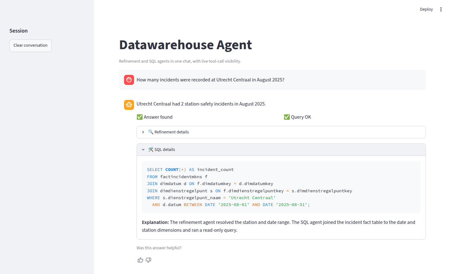 Datawarehouse Agent answer showing an incident count, success flags, and the read-only SQL query used