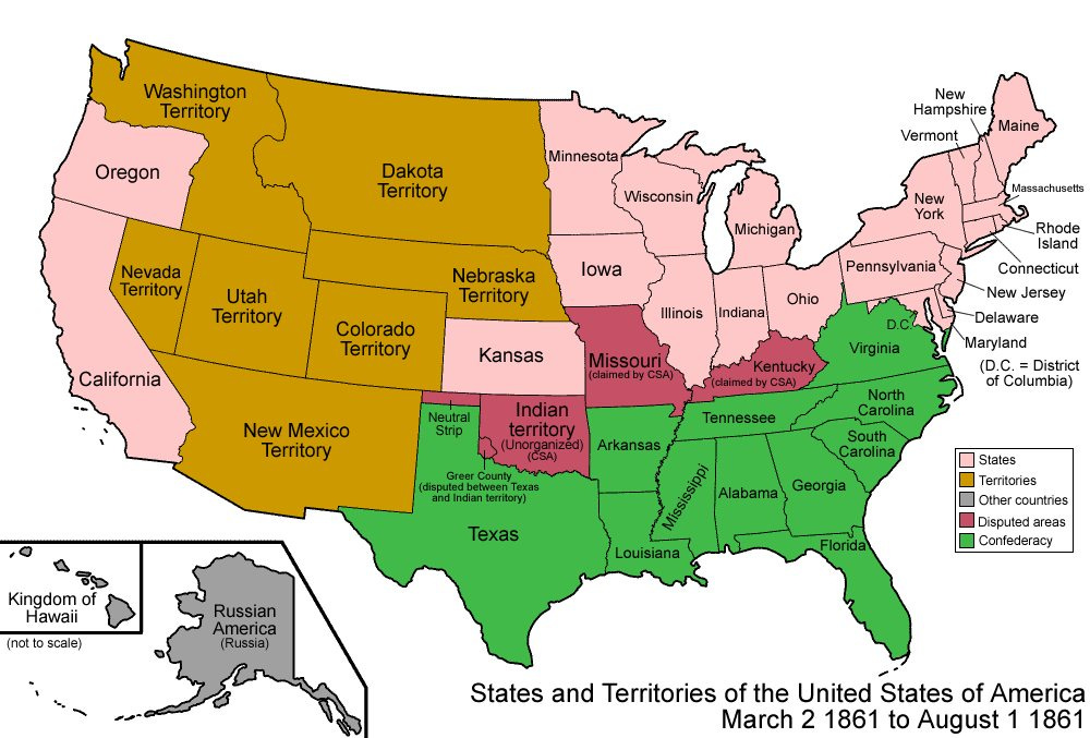 May be an image of map and text that says 'Washington Territory Oregon Dakota Territory Minnesota New Hampshire Nevada Territory Vermont Maine Wisconsin Utah Territory Michigan New York lowa Nebraska Territory Massachusetts California Colorado Territory Illinois Pennsylvania Ohio Indiana Kansas Rhode Island Connecticut New Jersey Delaware Missouri claimed New Territory Neutral Strip Virginia Kentucky CSA) Indian territory (Unorganized) Arkansas (CSA) Greer Maryland (D.C. District of Columbia) Tennessee Texas ndian emtory) North Carolina South Kingdom of Hawaii Texas (not Alabama Georgia cale) Russian America (Russia) Louisiana States Territories Other countries Florida Disputed areas Confederacy States and Territories of the United States of America March 2 1861 to August 1 1861'