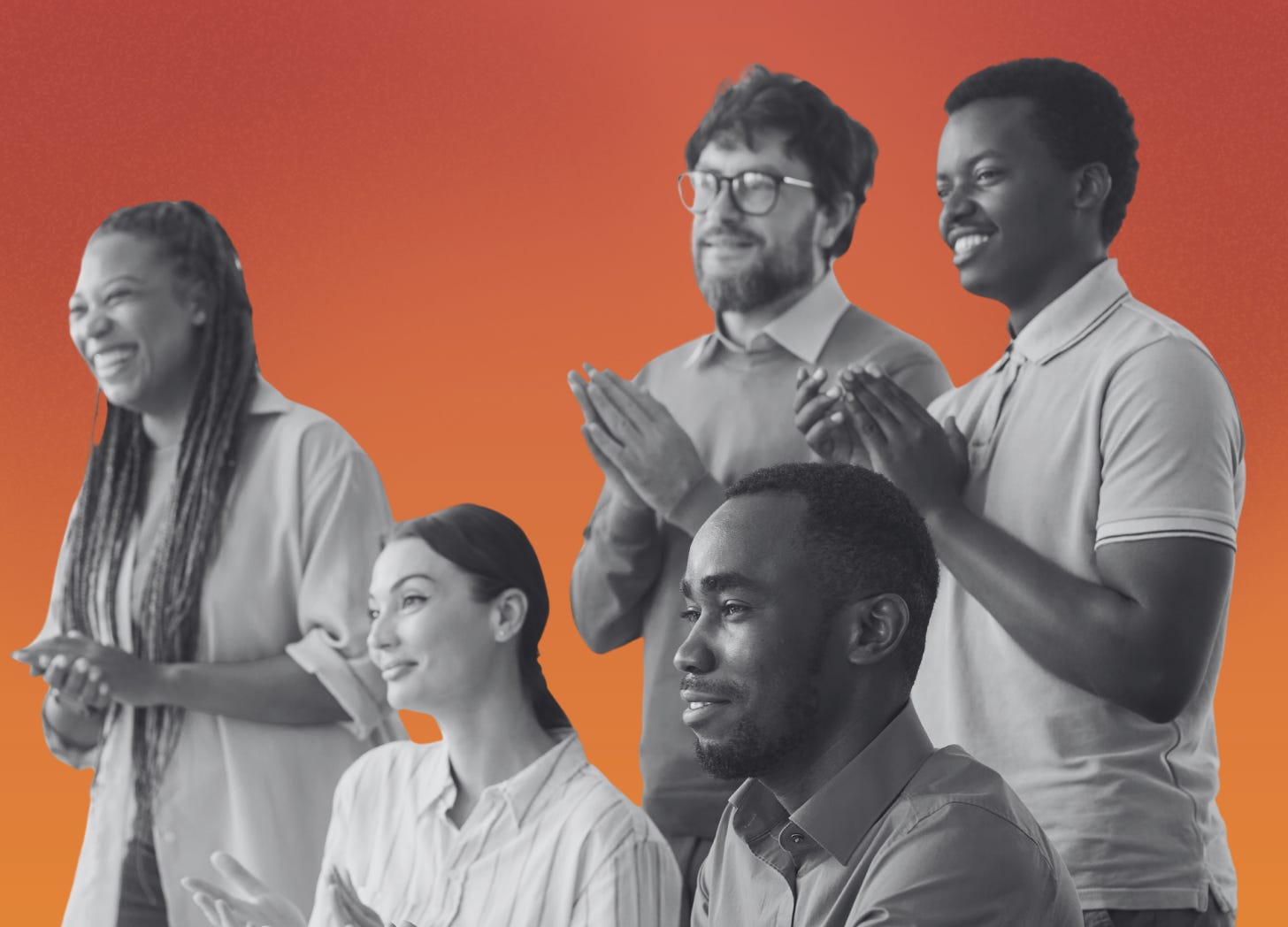 In front of an orange and peach sunset background, five people of diverse backgrounds are thoughtful and smiling as they have conversations about shared power. In front of an orange and peach sunset background, five people of diverse backgrounds are thoughtful and smiling as they have conversations about shared power.