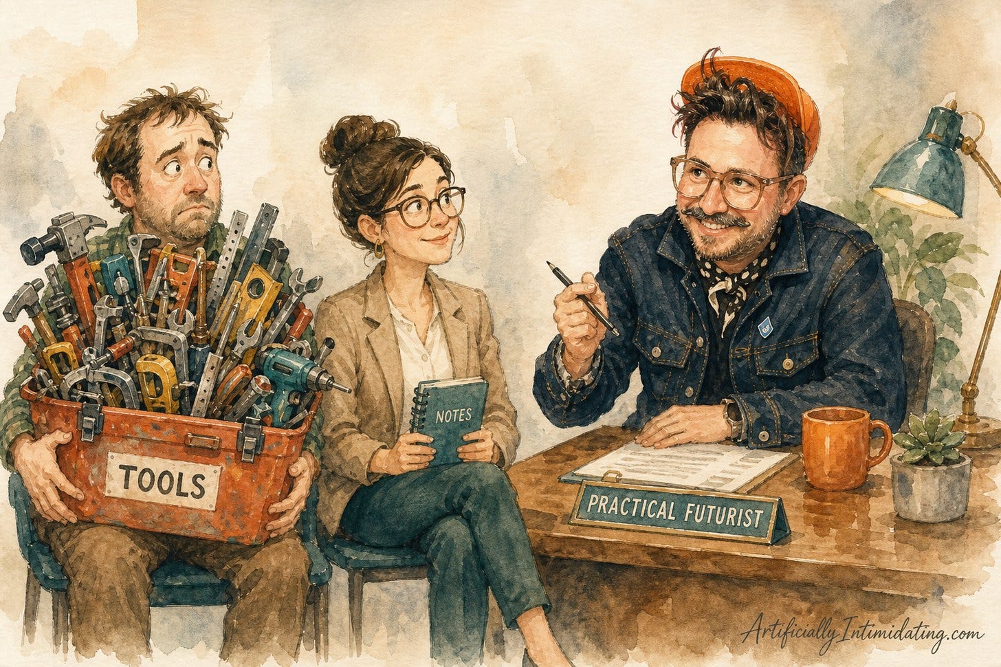 Watercolor illustration of a man interviewing two candidates seated across a desk. One hauls an enormous overflowing toolbox labeled TOOLS, the other holds a small notebook labeled NOTES. A desk nameplate reads Practical Futurist.