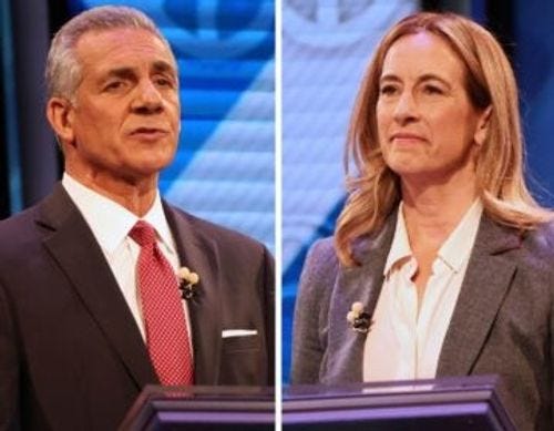Republican Jack Ciattarelli (left) and Democrat Mikie Sherrill during the final debate in governors race, Oct. 8, 2025, in New Brunswick, N.J. Republican Jack Ciattarelli (left) and Democrat Mikie Sherrill during the final debate in governors race, Oct. 8, 2025, in New Brunswick, N.J.