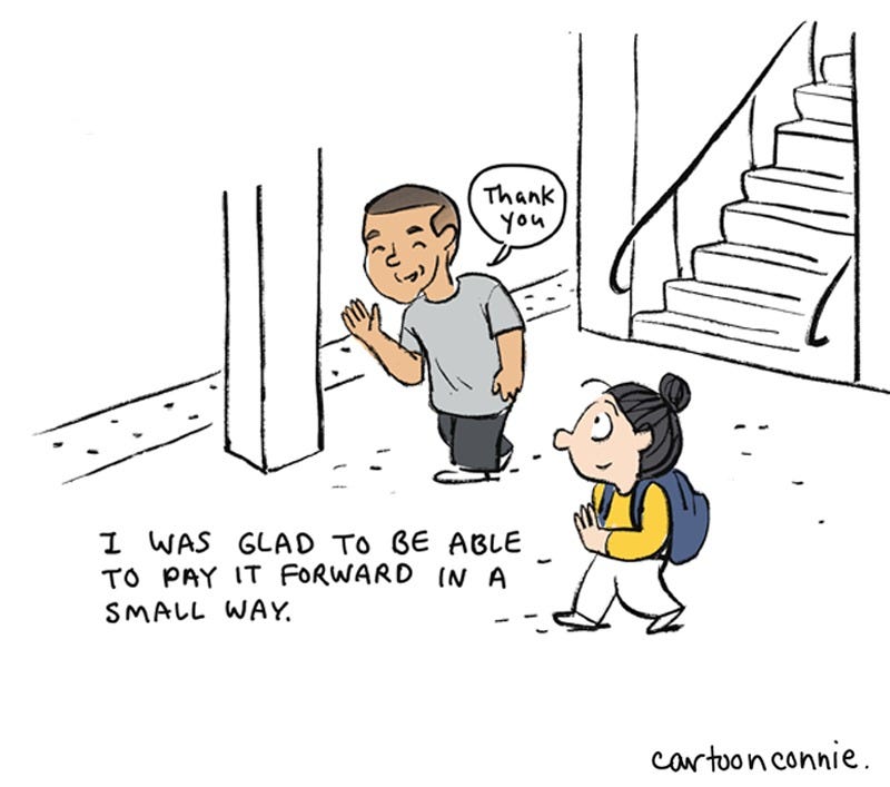 5 of 6. Illustrated panel from a 2-page diary comic about New York City walking etiquette and a brief exchange with a man at a subway station. Titled "City Diary," June 2026, by Connie Sun, published on blog.cartoonconnie.com
