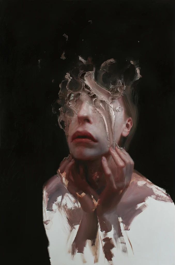 A surreal painting of a person with distorted facial features, as if melting or smudged, set against a dark background. Hands grip the neck in a tense, expressive pose.