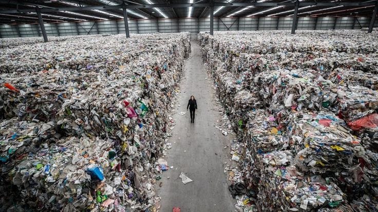 This may contain: a large room filled with lots of trash and people walking through the middle of it