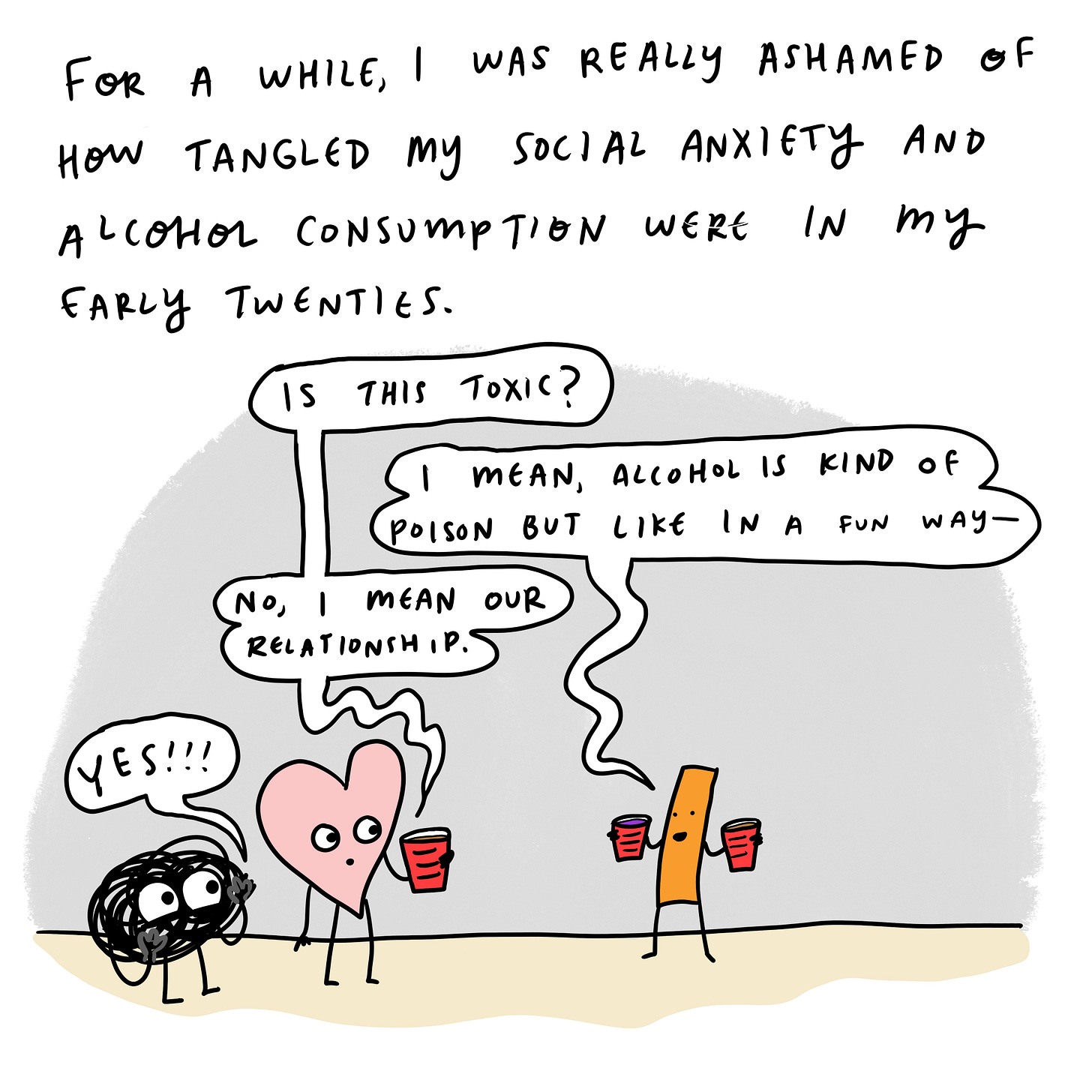 Slide nine text: The complicated relationship I have with the Partier is detailed in my upcoming memoir.  Illustration: The Partier: You wrote a book? Let’s pop some champagne! Anxiety: It’s 9 AM. 