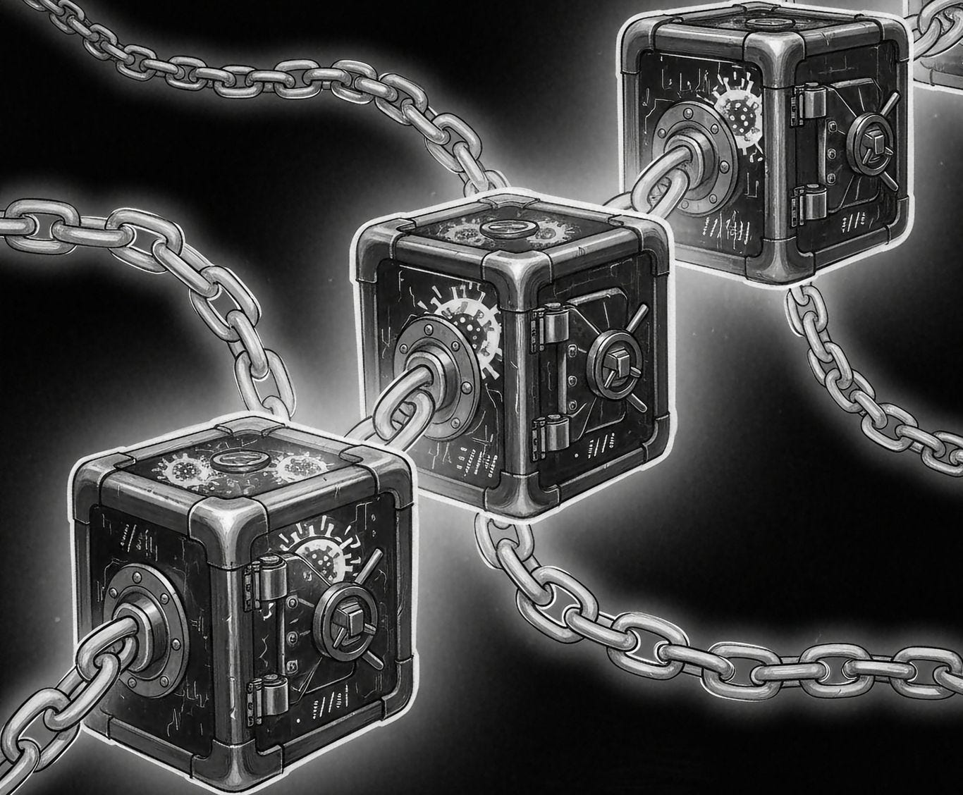 A gritty visualization of a blockchain network where the blocks are depicted as heavy, translucent iron vaults linked by glowing chains. Inside the vaults, ransomware symbols and malicious code are visible, representing immutable criminal infrastructure.