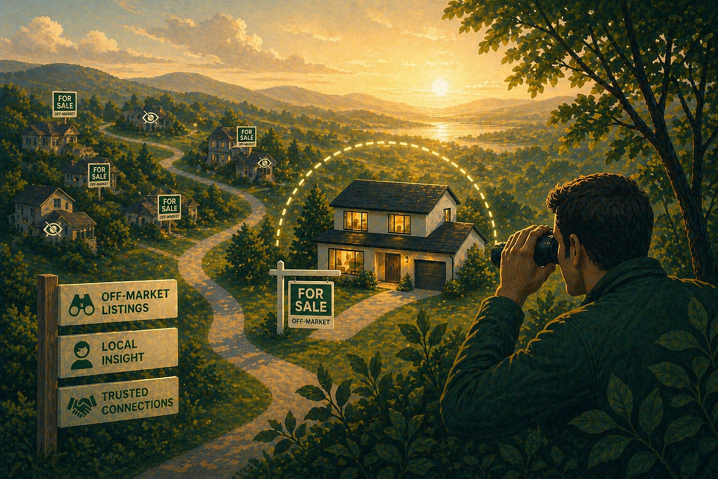 Conceptual illustration of off-market and pre-marketed real estate listings hidden from public home search portals. A homebuyer in the foreground looks through binoculars across a sunlit valley at a single house highlighted by a glowing circular spotlight, with a "For Sale — Off-Market" sign in front of it. In the background, multiple other homes scattered across the hills also display "For Sale — Off-Market" signs, each accompanied by a small eye-shaped icon indicating they're being watched or accessed through private channels. A winding path leads from the foreground toward the highlighted home. On the left, a vertical signpost lists three callouts with icons: "Off-Market Listings" (binoculars icon), "Local Insight" (person icon), and "Trusted Connections" (handshake icon). The image illustrates how a buyer with the right local agent connections can see homes that aren't visible on public real estate portals like Zillow, Realtor.com, or Homes.com — the central theme of the Portal Wars reshaping how American real estate listings flow to buyers in 2026.