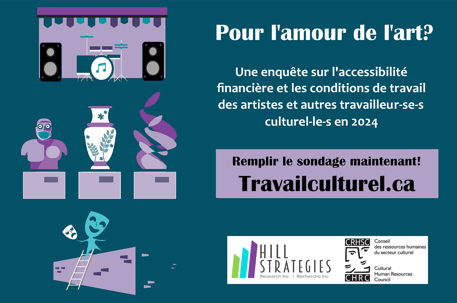 Graphique promotionnel pour le sondage Pour l'amour de l'art? Une enquête sur l'accessibilité financière et les conditions de travail des artistes et autres travailleur-se-s culturel-le-s en 2024. Répondez à l'enquête dès maintenant à l'adresse http://travailculturel.ca. De Hill Stratégies et du Conseil des ressources humaines du secteur culturel.