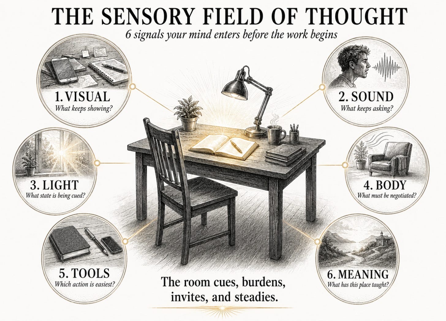 Six room variables surround a writing desk, showing how visual order, sound, light, body comfort, tools, and place meaning shape focus. Six room variables surround a writing desk, showing how visual order, sound, light, body comfort, tools, and place meaning shape focus.