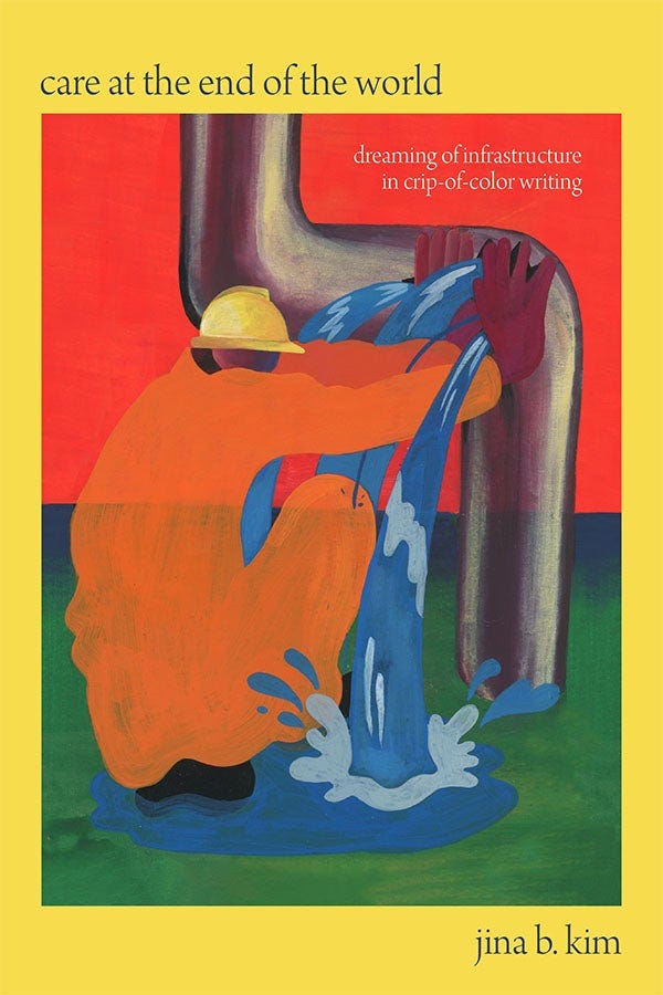 Cover is bright yellow. The cover features painting by Tommi Parrish of a human figure in orange, wearing a yellow hard hat, holding on to a burst pipe which spills water all over. The title is in blue lower case text at the top, the subitle is below that in white. The author's name is in blue lower-case text at the bottom right.