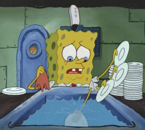 a gif of SpongeBob SquarePants maniacally washing dishes