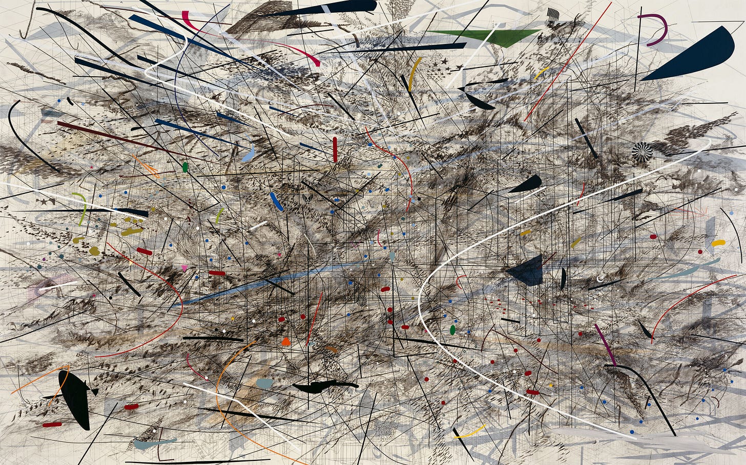 An abstract painting with densely packed lines, swirls, and geometric shapes.