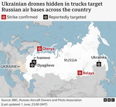 A map shows the locations of four Russian air bases that sources in the SBU told the BBC were hit.
