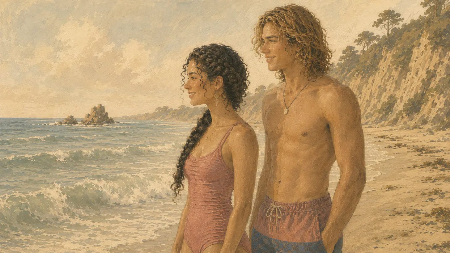 Lucia and Matteo stand smiling on a sunlit San Diego beach, facing the ocean as waves break beside the cliffs. Lucia and Matteo stand smiling on a sunlit San Diego beach, facing the ocean as waves break beside the cliffs.