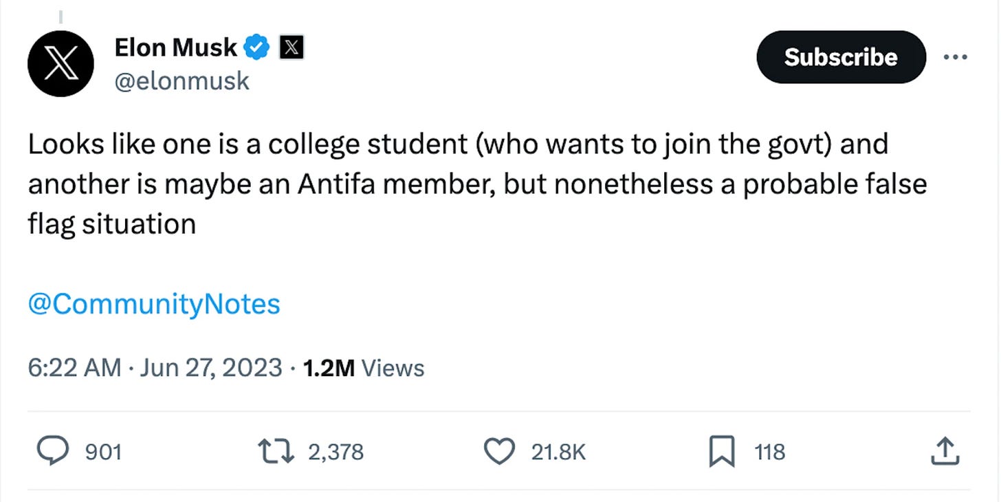 Musk tweet Looks like one is a college student (who wants to join the govt) and another is maybe an Antifa member, but nonetheless a probable false flag situation Musk tweet Looks like one is a college student (who wants to join the govt) and another is maybe an Antifa member, but nonetheless a probable false flag situation