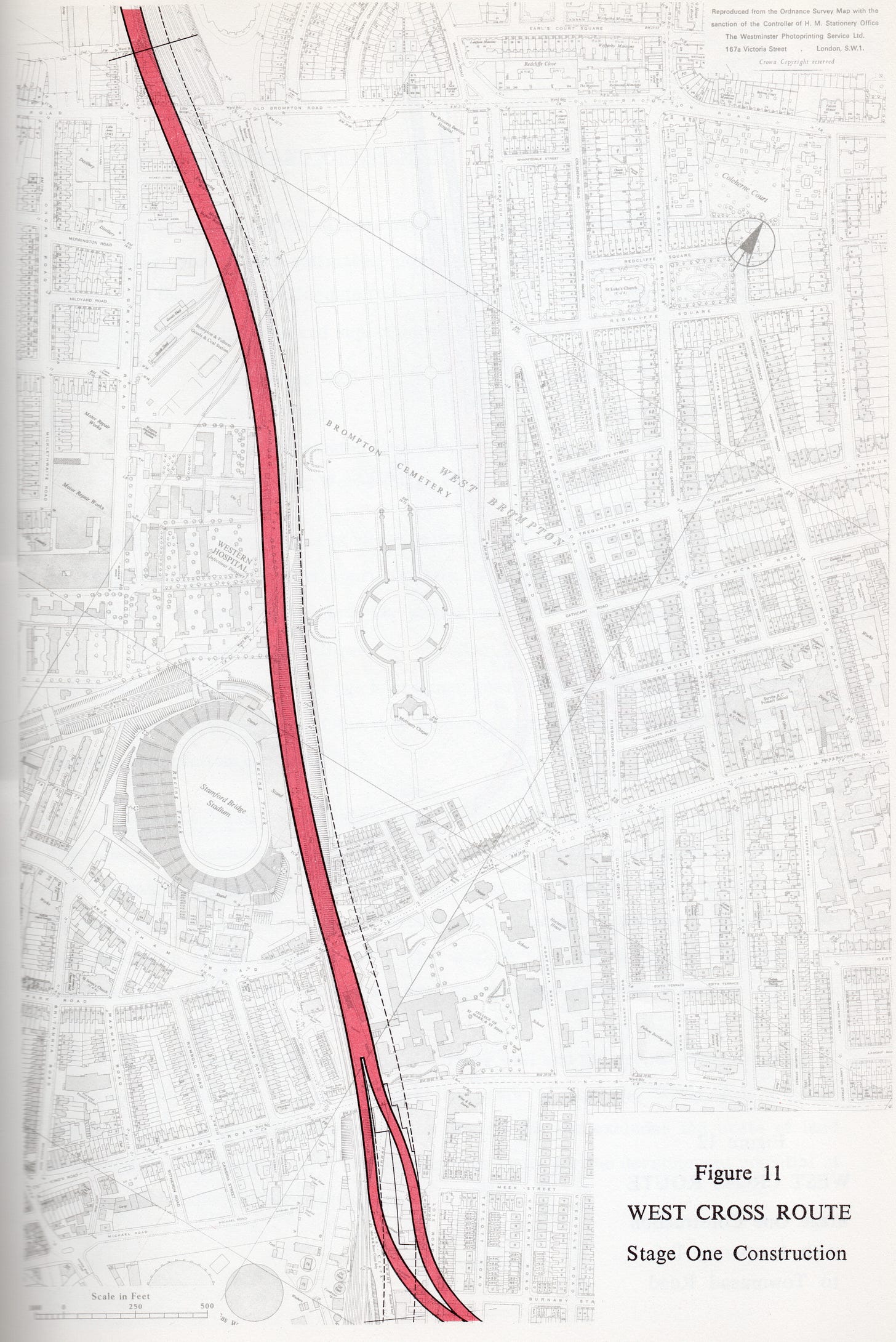 An engineering plan showing a motorway in red superimposed on a plan of West London. It skirts Brompton Cemetery. A dashed line marks the extra land required for its eventual doubling.