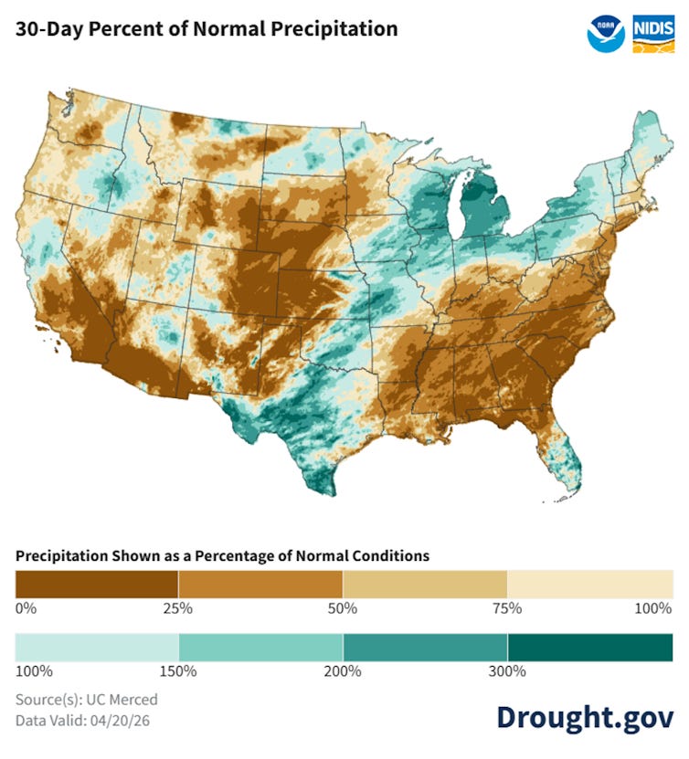 A U.S. map showing very dry conditions over much of the eastern U.S., the Southwest and the Great Plains.