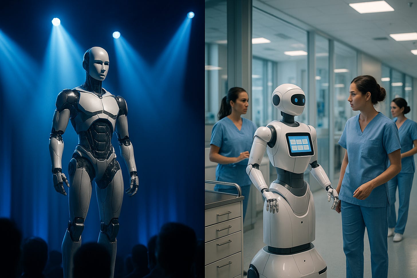 Roboți umanoizi prezentați în spitale și pe scene tehnologice, simbolizând promisiunile și provocările inteligenței artificiale. Roboți umanoizi prezentați în spitale și pe scene tehnologice, simbolizând promisiunile și provocările inteligenței artificiale.