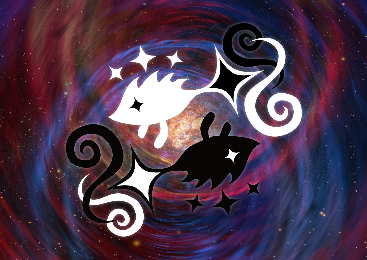 a vector image of a white and black fish, as reflections of each other, on a background of depth/space and stars a vector image of a white and black fish, as reflections of each other, on a background of depth/space and stars