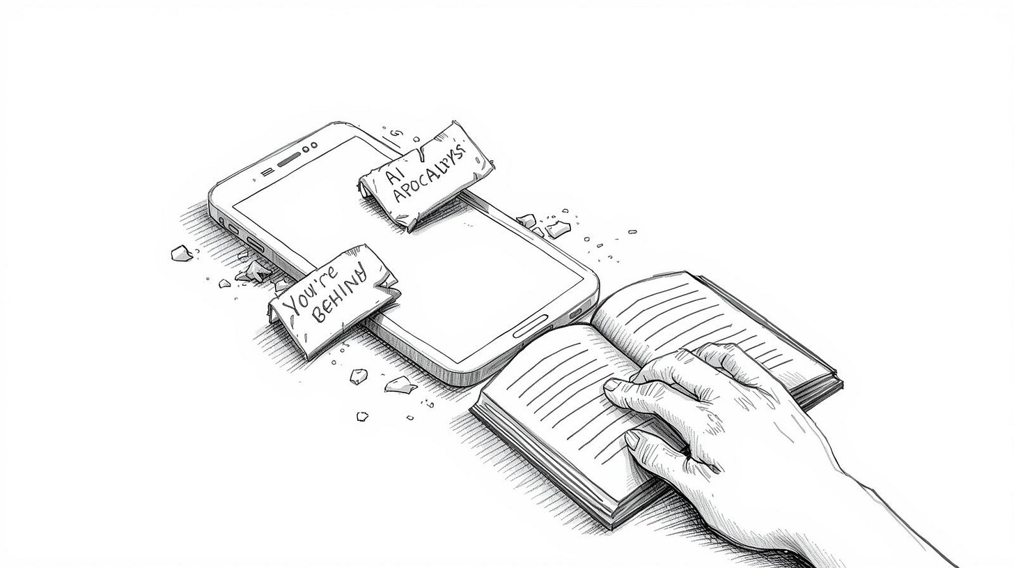 Dying fear notifications on phone next to open physical book