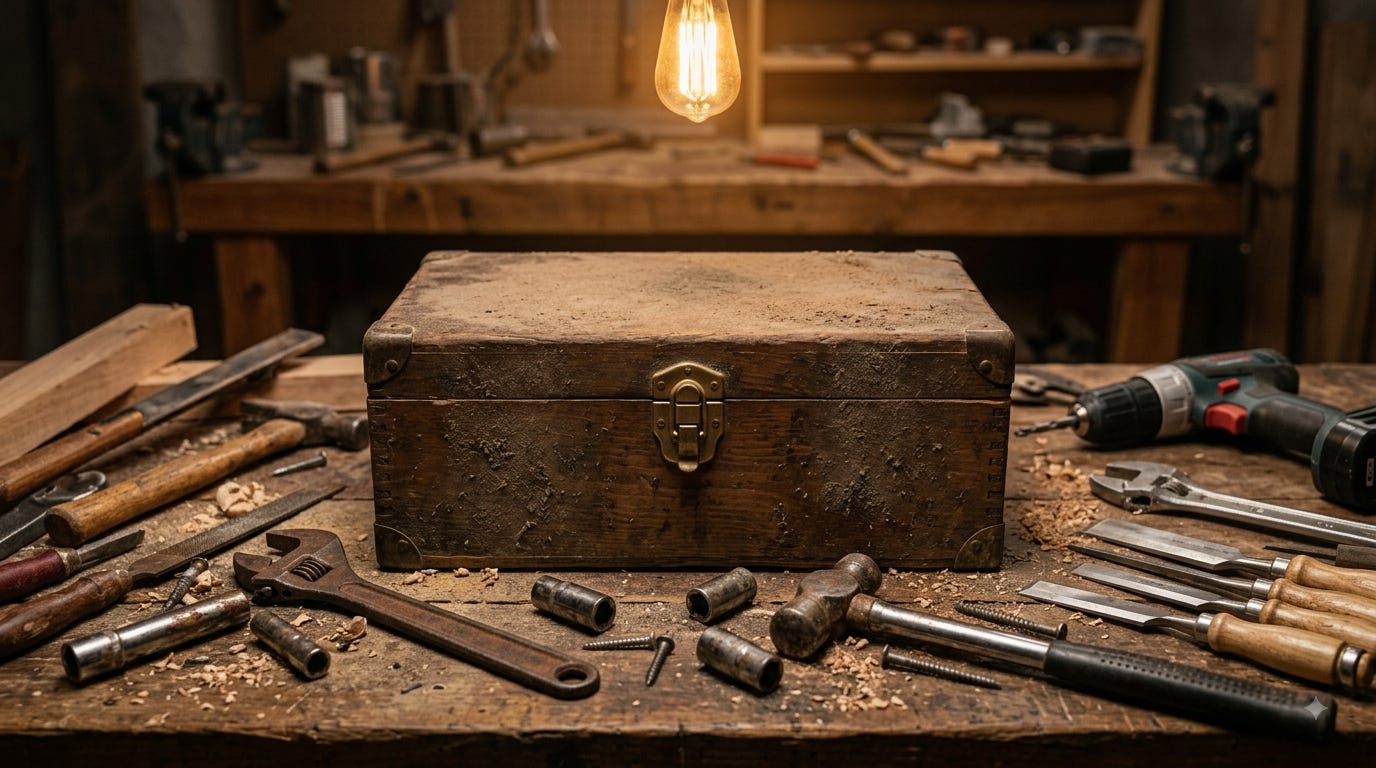 A closed, dusty wooden toolbox sitting untouched on a cluttered workbench A closed, dusty wooden toolbox sitting untouched on a cluttered workbench