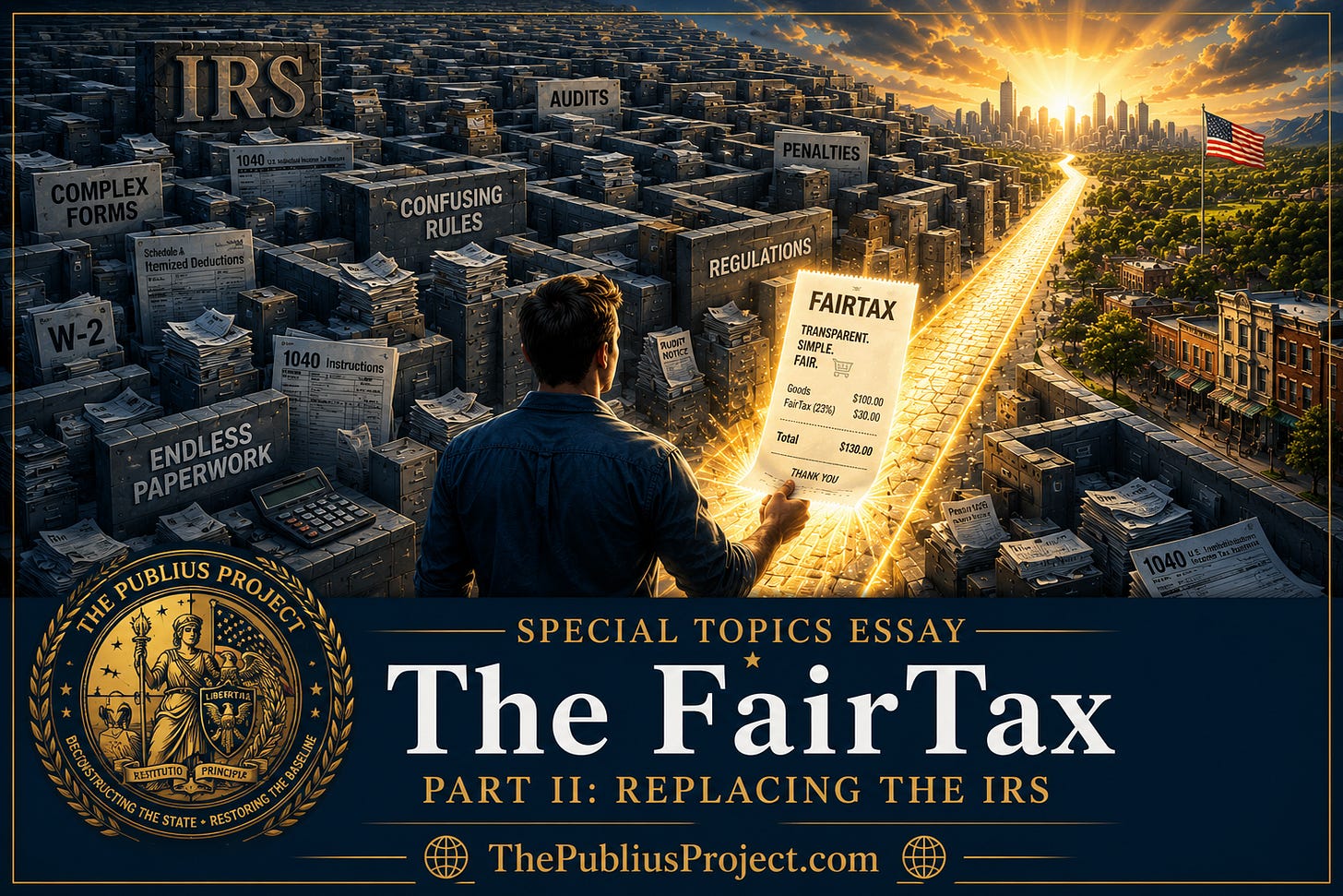 A cinematic illustration for The FairTax: Part II – Replacing the IRS. A lone citizen stands at the center of an enormous maze constructed from tax forms, filing cabinets, IRS regulations, audits, penalties, and bureaucratic paperwork. In his hand, he holds a glowing retail receipt labeled “FairTax,” which illuminates a straight path through the maze toward a bright American city skyline on the horizon. The contrast between the dark, confusing labyrinth and the clear, sunlit pathway symbolizes the transition from tax complexity and enforcement to transparency and simplicity.