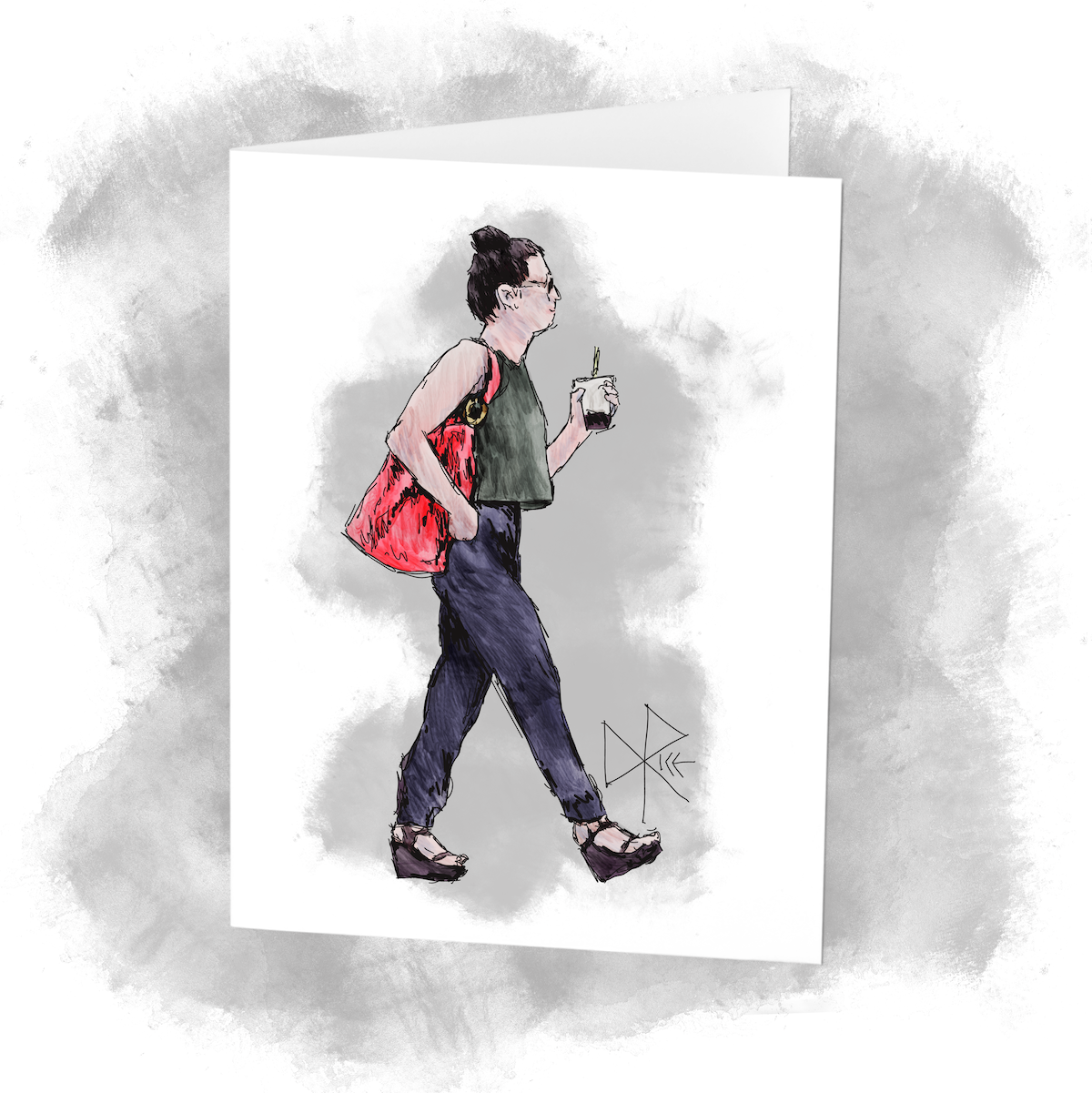 Marching with certainty in blocky platform sandals, a woman with a large purse on her shoulder enjoys a sugary carbonated drink on the go. Sketch art by Don Rice. Marching with certainty in blocky platform sandals, a woman with a large purse on her shoulder enjoys a sugary carbonated drink on the go. Sketch art by Don Rice.