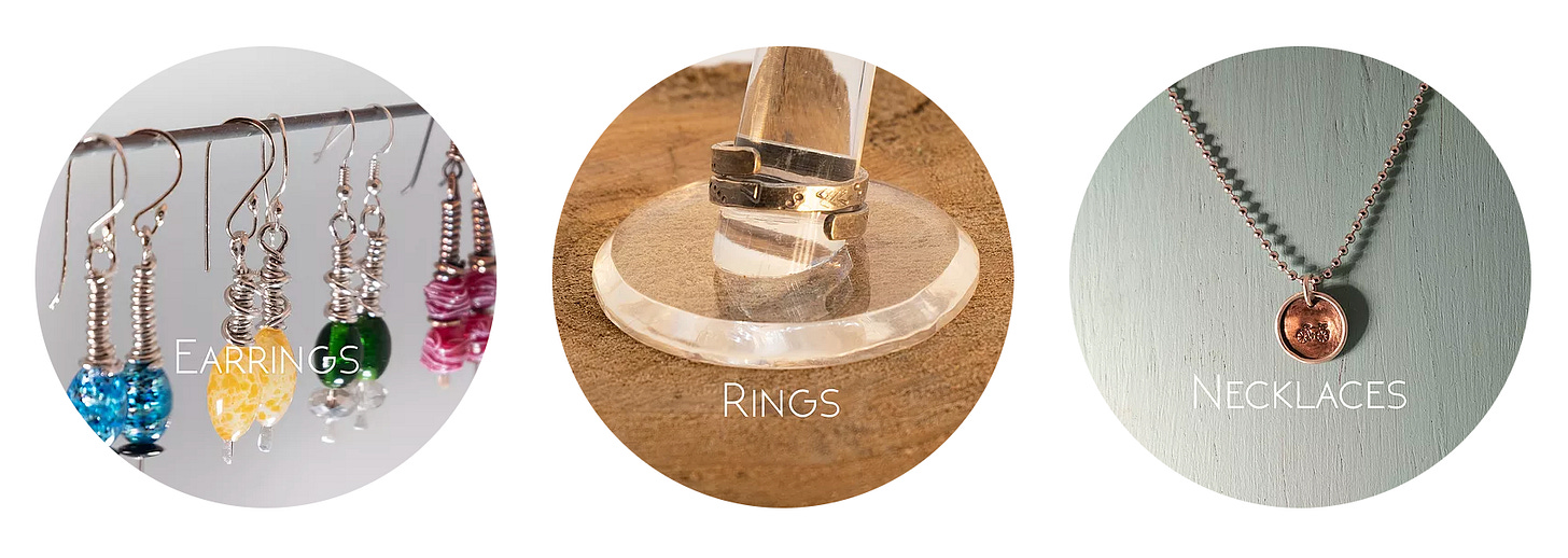 Three side by side circles on a white background with photographs of jewelry inset. From left to right a display of earrings, rings and necklaces.