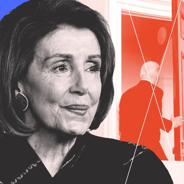 A photo illustration of Nancy Pelosi over a red, white and blue image of President Biden exiting a room. A photo illustration of Nancy Pelosi over a red, white and blue image of President Biden exiting a room.