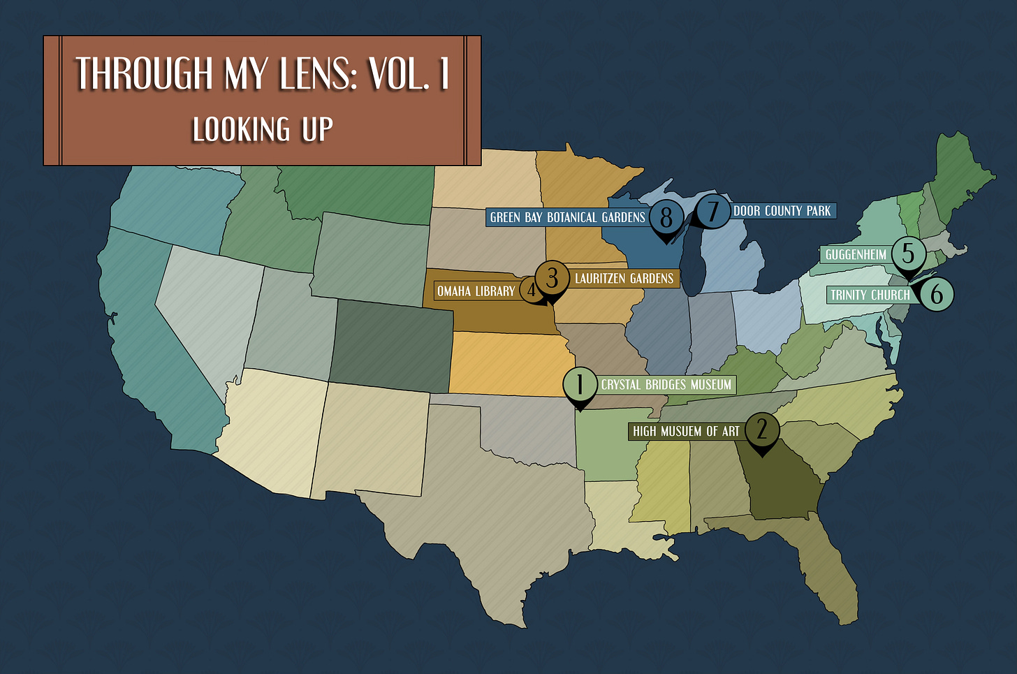 Illustrated U.S. map with eight labeled photo locations, including libraries, gardens, and museums. Banner at top reads “Through My Lens: Vol. 1 — Looking Up.”