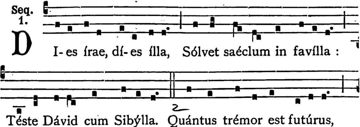 text and melody of the opening notes of the Dies Irae