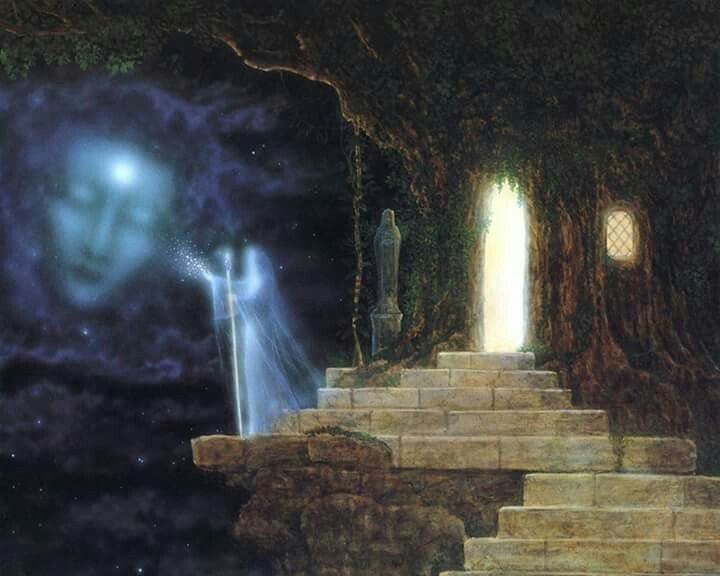 This may contain: a painting of stairs leading up to an open door with light coming from it in the sky