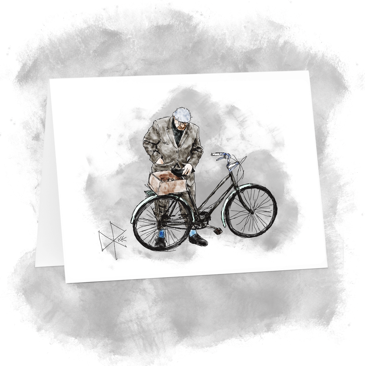 An elderly man in a suit holds his bicycle as he prepares to mount and pedal away towards the completion of today’s errands. Sketch art by Don Rice.