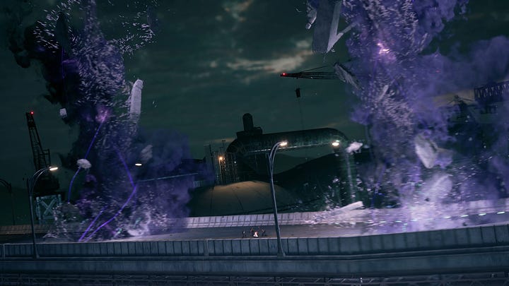 Cranes, expressway elements, and more pieces are copied and pulled away by tornadoes with purple memory streaks.